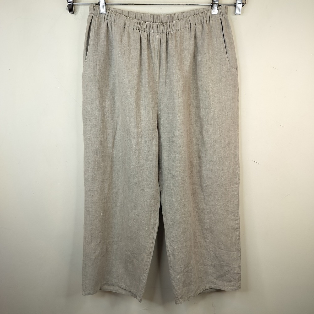 FLAX Wide Leg Linen Pants Large Elastic Waist Pockets Crop Natural Lagenlook